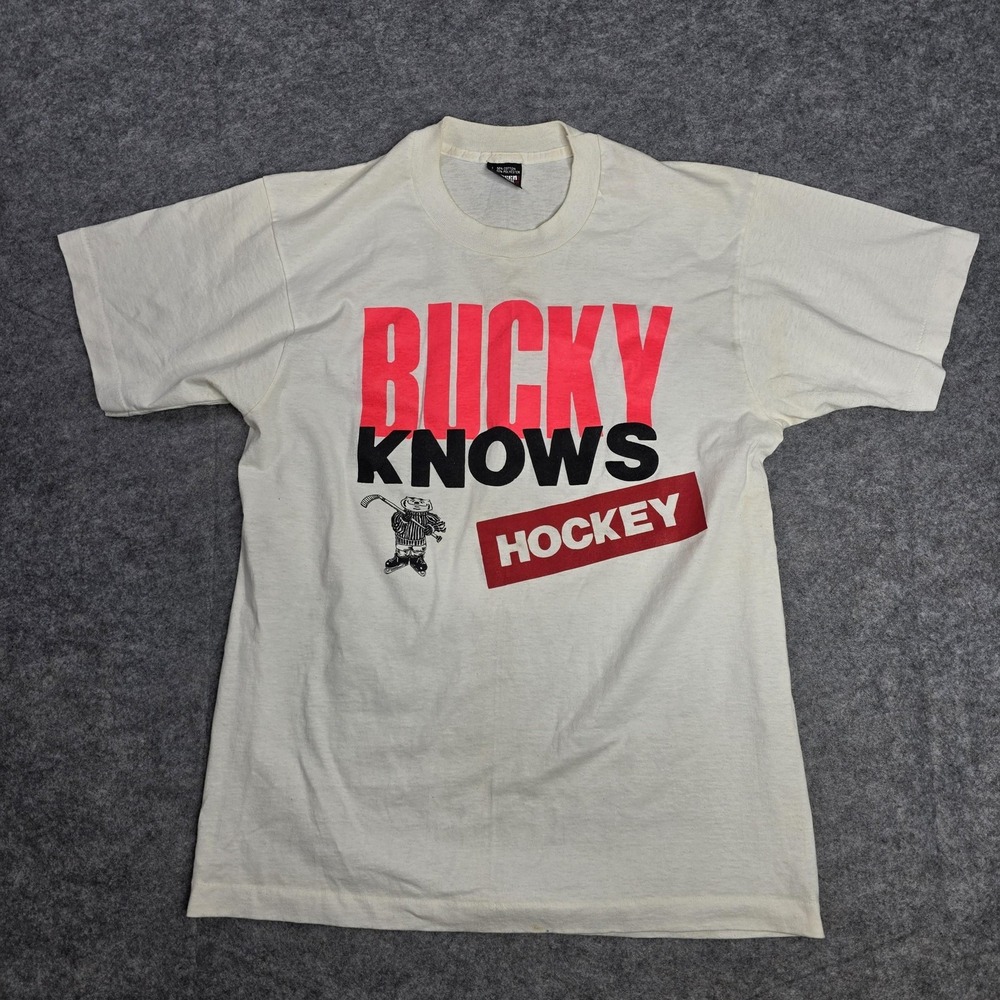 Vintage 90s Bucky Knows Hockey Wisconsin Badgers Shirt Mens Medium White